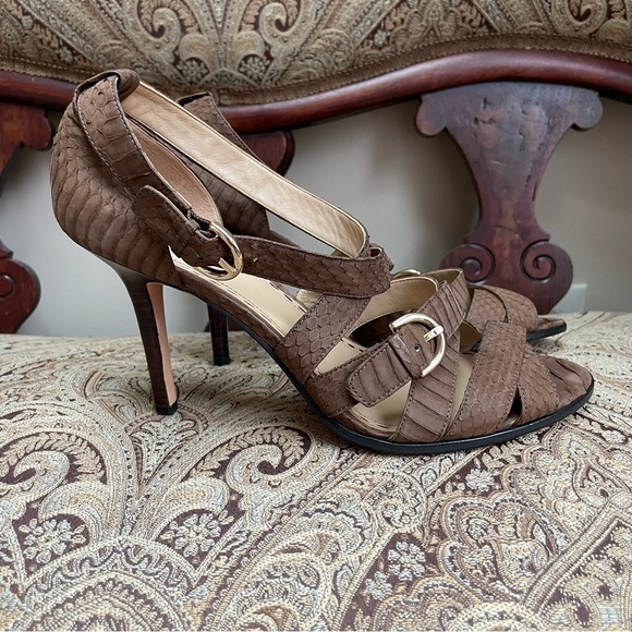 Coach Fawn Light Brown Snakeskin Embossed Leather Strappy Heels Open Toe Size 11 - Picture 2 of 10